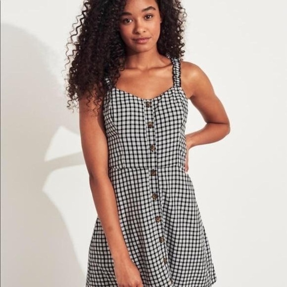Hollister Gingham Smocked Mini Dress Black White Size Small